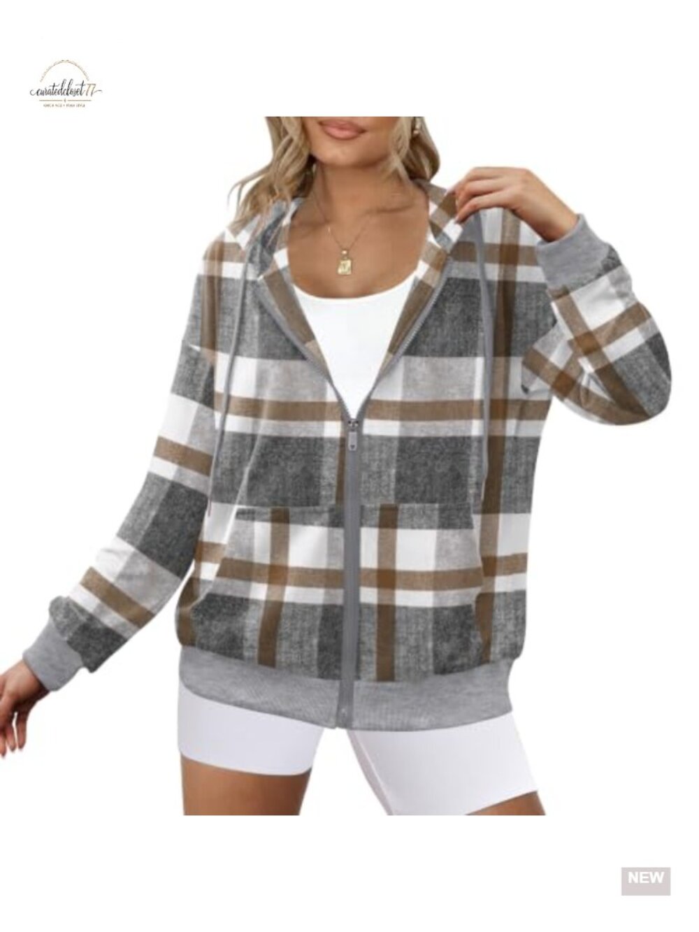 Zeagoo Women's Lightweight Full Zip Up Oversized Plaid Hoodie Sweatshirt